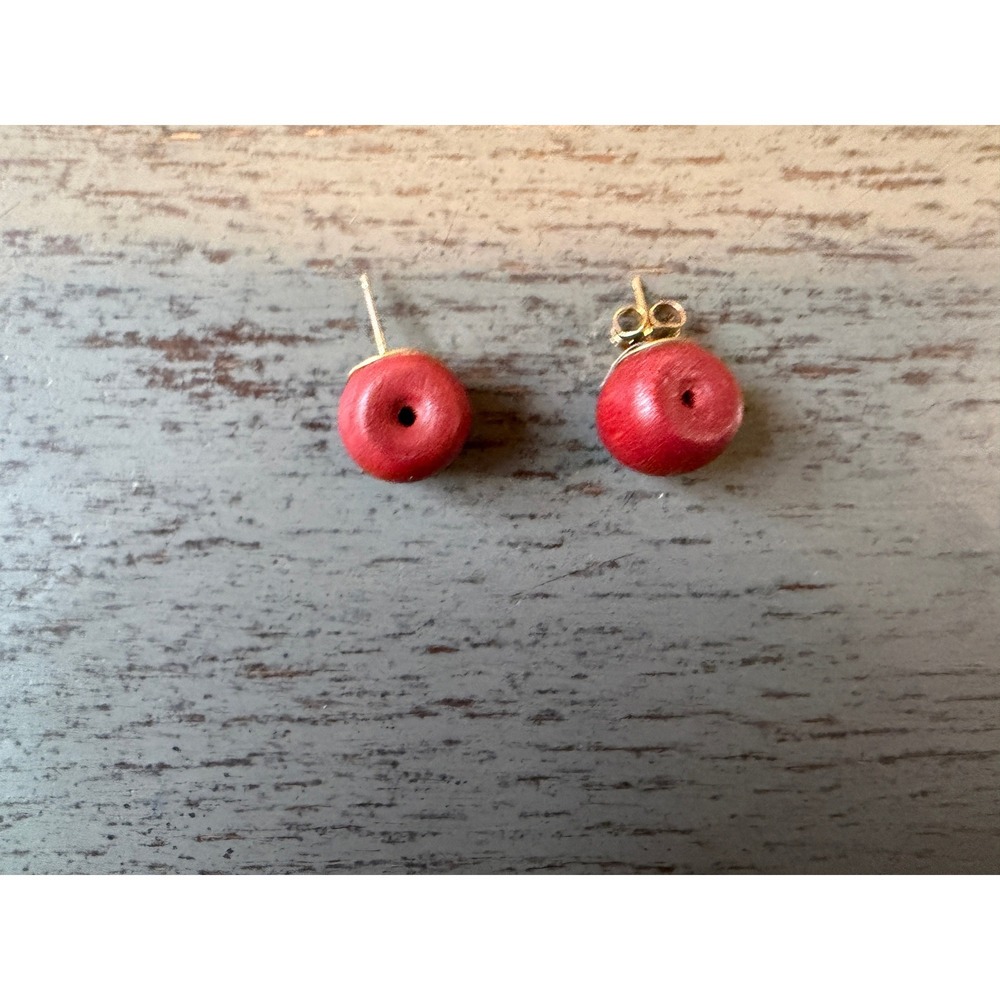 Red Wood Bead Stud Earrings Minimalist Boho Handcrafted Round Post Earrings